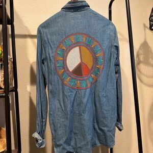 Embroidered Denim Shirt with Peace Sign